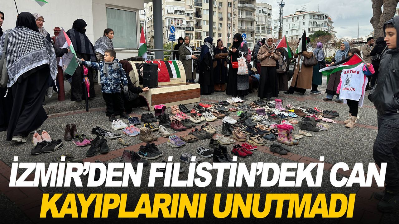 İzmir'de İsrail'in saldırılarında ölen Filistinlileri temsilen ayakkabı bırakıldı