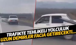 Manisa’da trafikte akılalmaz görüntüler! Uzun demirlerle yüklü araç trafiği tehlikeye attı!