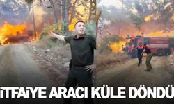 Çanakkale yangınında itfaiye aracı alevlerin arasında kaldı