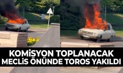 Komisyon günü Meclis önünde beyaz toros yakıldı!