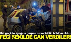 Üst geçidin ayağına çarpan otomobil iki büklüm oldu!