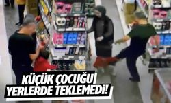 Baba dehşeti kamerada: Küçük çocuğunu market ortasında tekmeledi!