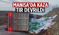 Manisa’da virajı alamayan yem yüklü tır devrildi