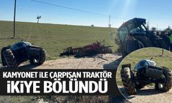 Uşak’ta kamyonet ile traktör çarpıştı! Traktör ikiye bölündü