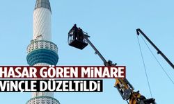 Manisa’da hasar gören minare vinçle düzeltildi