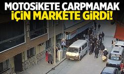 Motosiklete çarpmamak için bakkala girdi!