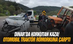 Dinar'da korkutan kaza! Otomobil traktör römorkuna çarptı