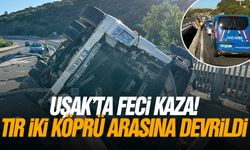 Uşak'ta feci kaza! Tır iki köprü arasına devrildi