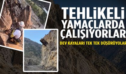 Tehlikeli yamaçlarda çalışıyorlar dev kayaları tek tek düşürüyorlar