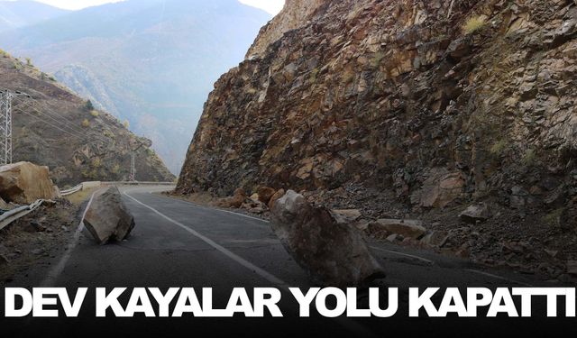 Yamaçtan kopan dev kaya parçaları karayoluna düştü