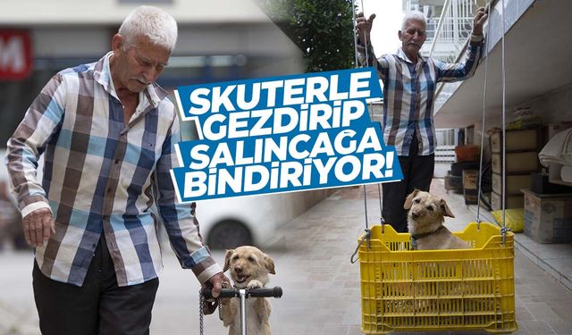 Ege’de yürek ısıtan görüntüler! Köpeğini skuterle gezdirip salıncağa bindiriyor!