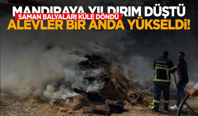 Mandıraya yıldırım düştü! Saman balyaları alev aldı!