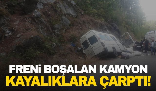 Freni boşalan kamyon kayaya çarpıp devrildi: 3’ü çocuk 6 yaralı