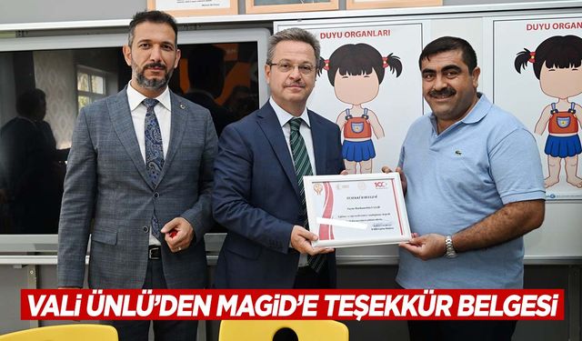 Vali Ünlü’den MAGİD’e teşekkür belgesi