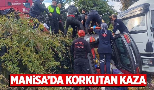 Manisa’da otomobil refüjden aşağı uçarak park halindeki kamyona çarptı!