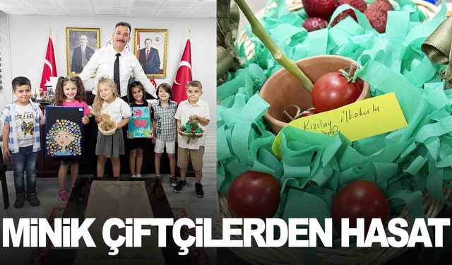 Minik çiftçilerden ilk hasat: Topraksız tarımla ürettikleri ürünleri Müdür Uğurelli’ye getirdiler