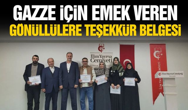 Gazze için emek veren gönüllülere teşekkür belgesi