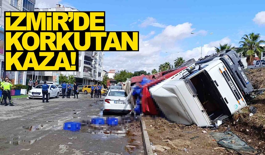 İzmir’de faciadan dönüldü… Kontrolden çıkan tır yan yola devrildi!